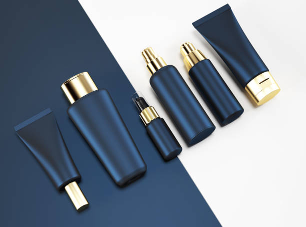 Cosmetics bottles and jars mockup, gold and deep blue on white background