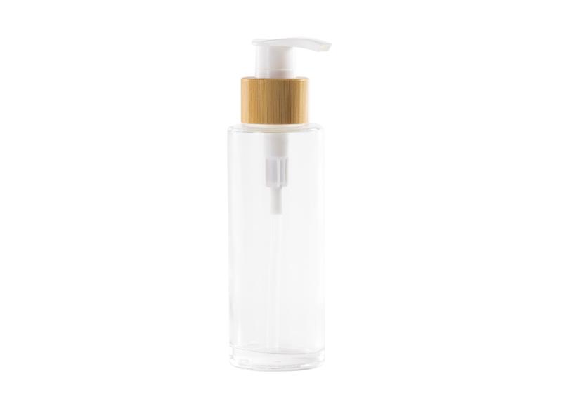 glass pump bottle with bamboo closure