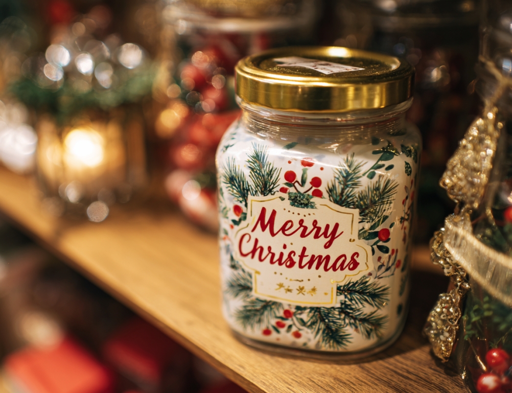 Christmas Holiday Label on a Jar