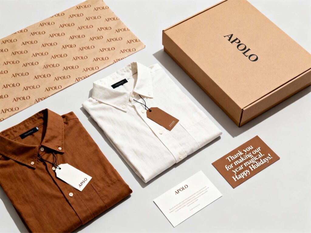Custom packaging design with printed tissue paper, kraft box, hang tags, and thank-you holiday card for clothing brand presentation.