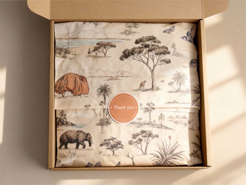Eco-friendly kraft gift box with custom printed tissue paper showing safari illustrations and a branded “Thank you” sticker — an elegant sustainable packaging design idea.