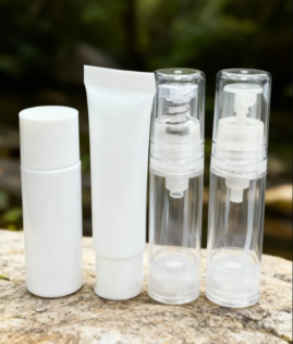 Skincare mini trial kit with toner bottle, 5ml tube, 5ml airless bottle, and spray bottle